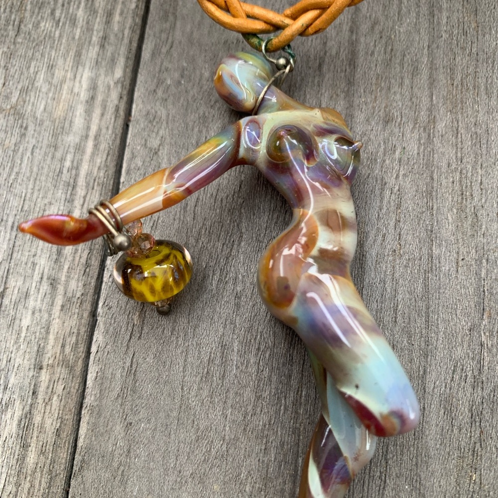 Artistic Multicolor Lampwork Glass Dancer Pendant on Leather Necklace